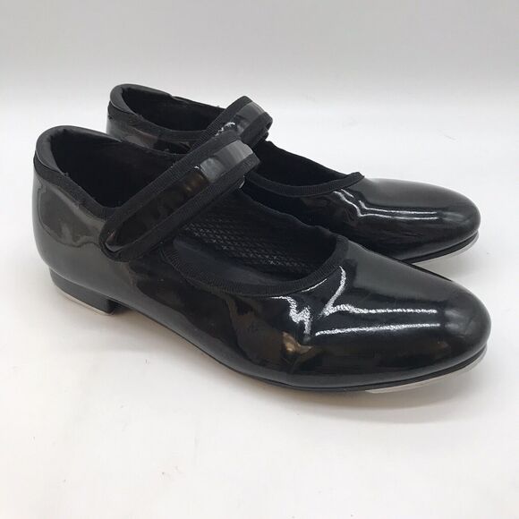 Danskin Freestyle Tap Dance Shoes Girls 13 Black Patent Leather Hook Loop Strap - Picture 3 of 11